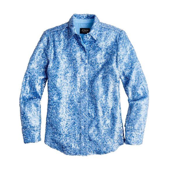 NWT J.Crew Collection Classic-fit Sequin Shirt in Pale Cerulean Blue Blouse 6 - Picture 1 of 11